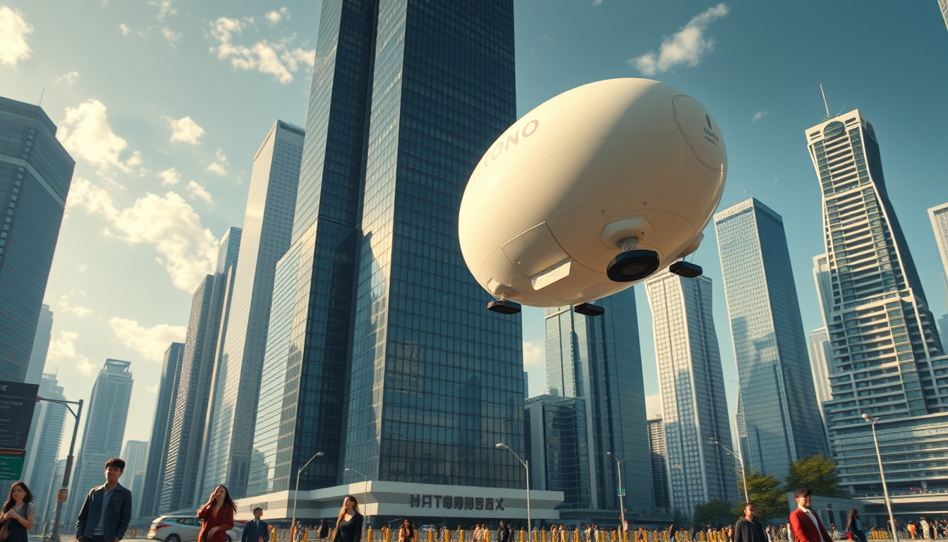 Create a stunning high-resolution image of the city of the future. The skyline should be filled with towering skyscrapers. It includes a light-colored oval balloon-type robot flying rapidly through the air with tiny black balancers on either side of the balloon. There are some people walking on the street, Asian faces, wearing fashionable and avant-garde clothes, creating a laid-back and pleasant atmosphere. The visual focus of the image highlights small balloon-type robots patrolling the air for safety, beautiful clouds, and sunlight reflecting off the glass surfaces of the buildings, creating an atmosphere of excitement and innovation. Very clear and realistic details, 32K, top view.