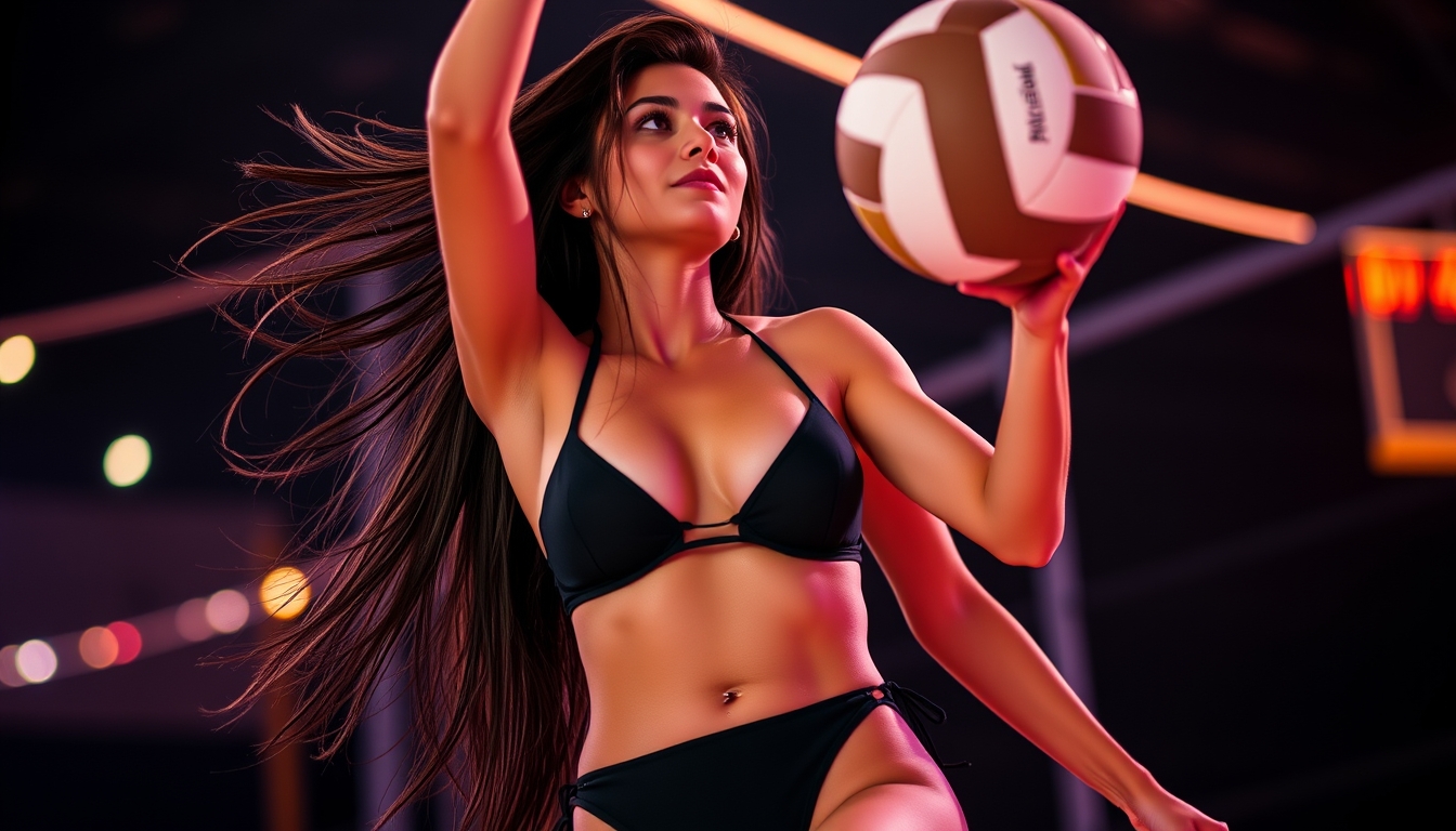 A beautiful long-haired brunette girl wearing a black bikini playing volleyball, with a pierced bellybutton, surrounded by neon lights.