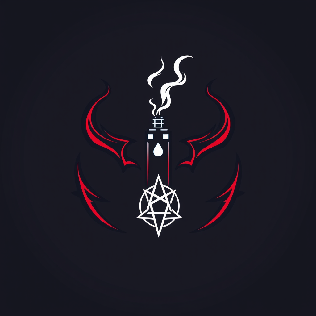 Sleek, minimalist logo for DoomVapes: stylized vape pen intertwined with demonic horns, emitting wispy smoke forming a subtle pentagram. Crimson and obsidian color scheme. Sharp, clean lines evoke modern tech and ancient occult symbols. Balanced composition exudes rebellious yet sophisticated atmosphere.