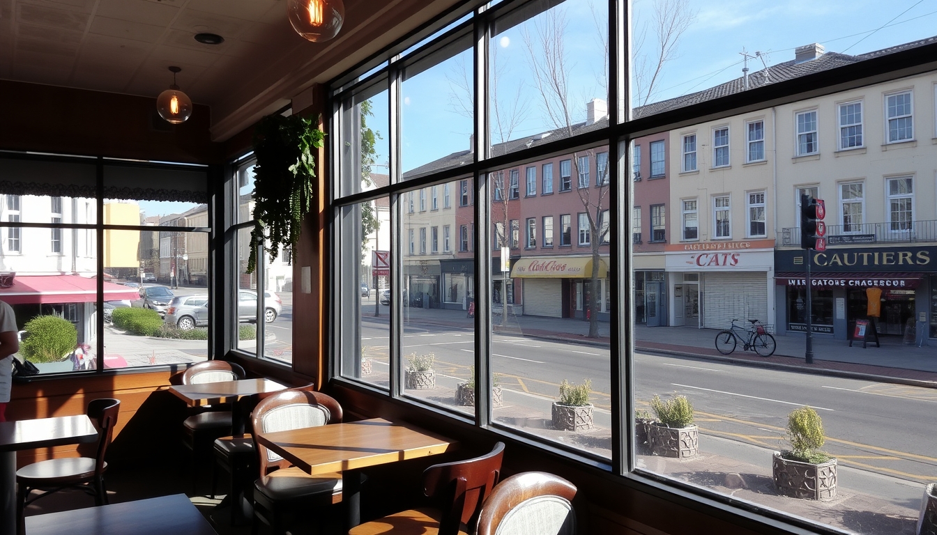 A cozy café with glass walls, offering a panoramic view of a bustling street.