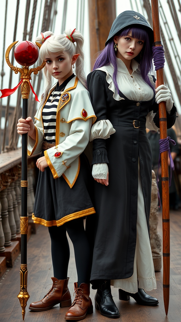 The 35mm analog photograph features two females with contrasting styles, standing back-to-back, each holding a unique staff. The two women are standing on a pirate ship with a dynamic camera angle and cinematic mood.

On the left is a young woman with green eyes, thick eyebrows, and long, white hair parted in the middle and tied into two high pigtails. She has large, pointed ears. She wears a striped black and white shirt, along with a white jacket tucked into a skirt with a black belt. The sleeves of her jacket end with large, gold cuffs. Both her jacket and skirt have gold trims along the edges. Over her jacket, she wears a short cape that matches the white and gold theme of her jacket and skirt, and the cape includes decorative, gold accents with red jewels on each shoulder and a high collar that is fastened with a red jewel. She also wears black tights, brown boots, and a pair of gold earrings with red, teardrop-shaped jewels hanging from each earring. The staff she holds is a long, ornate piece with a large red orb at the top, surrounded by a golden crescent shape, and a red ribbon tied just below the orb, fluttering slightly.

On the right is a taller woman with purple eyes and long, waist-length purple hair with a straight cut and bangs. She wears her hair down with two additional chest-length strands framing her face. She wears a long, buttoned white dress with a Victorian top, including a frilled collar and puffy white sleeves, along with black boots. Over the dress, she also dons a long black coat with a hood, which has a gray inside layer. She wields a long, wooden staff wrapped with purple ribbons in battle.