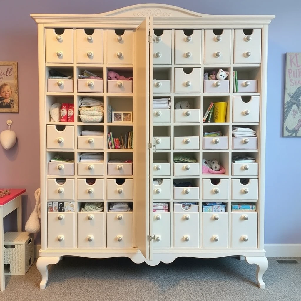 A large cabinet with many small compartments, filled with various kinds of girls' items.