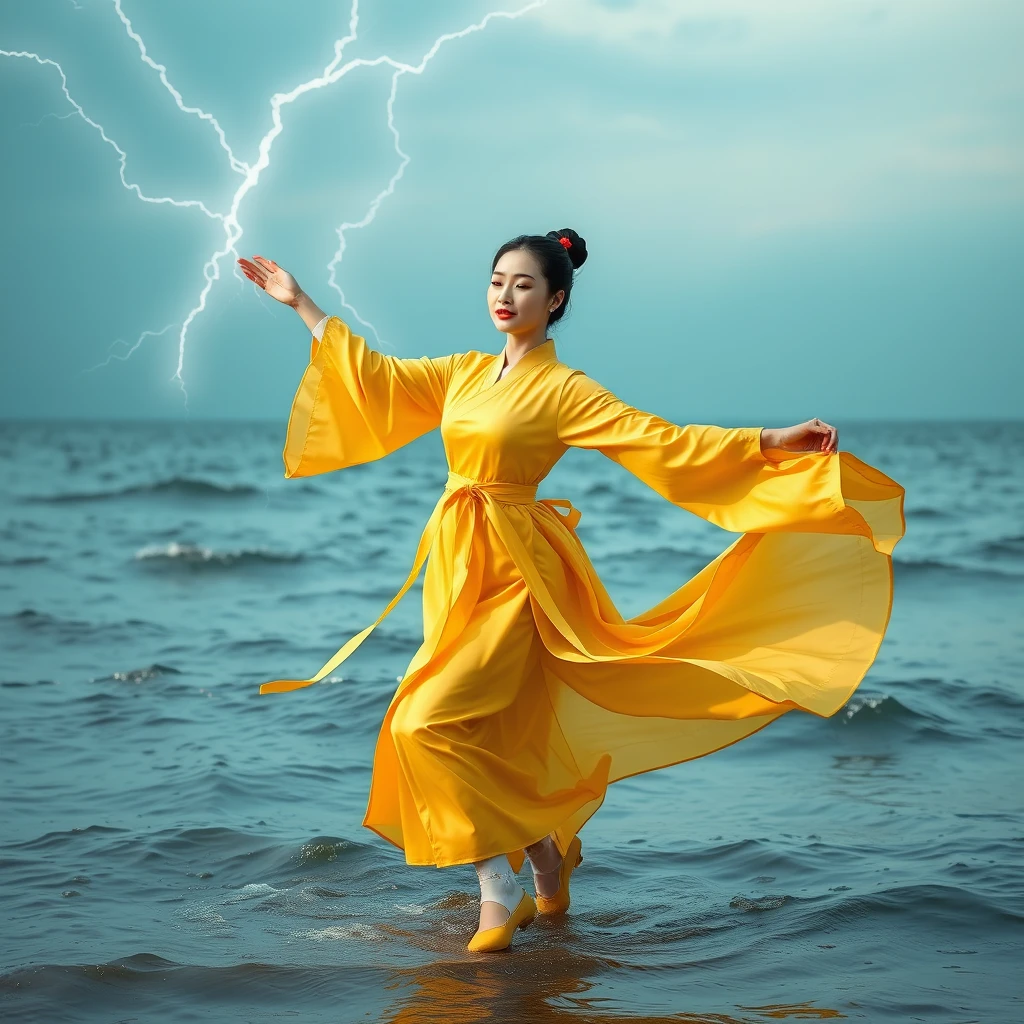 Korean woman dancing in yellow traditional costume. Lightning and thunder, graceful and noble dance in the middle of the waving sea. Full shot, yellow traditional shoes, neatly tied black hair. White floral socks, agile movements. In the sky, the words "Mme. AI Suro."