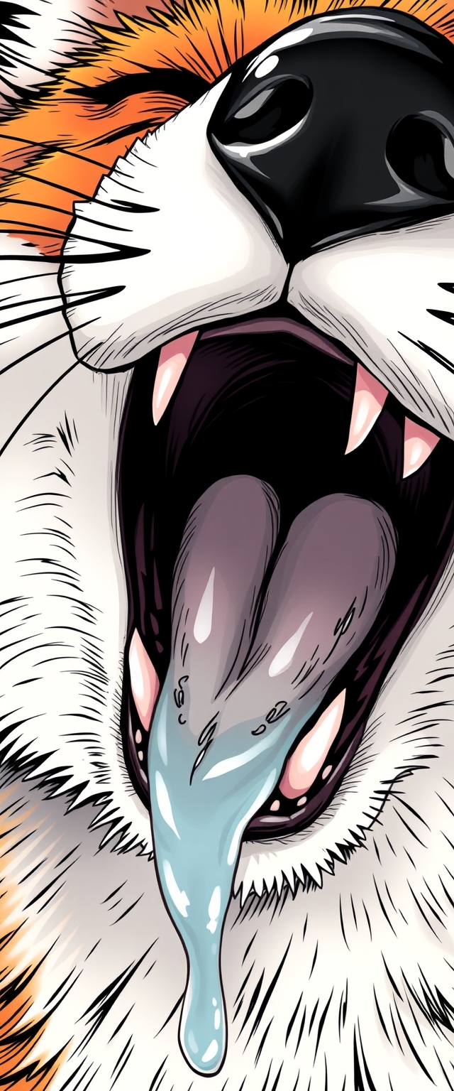 'Furry art style, manga art style. Draw the details of the fox's mouth, throat details, the throat should be bright, details of the teeth, details of saliva, the whole mouth is filled with it.'