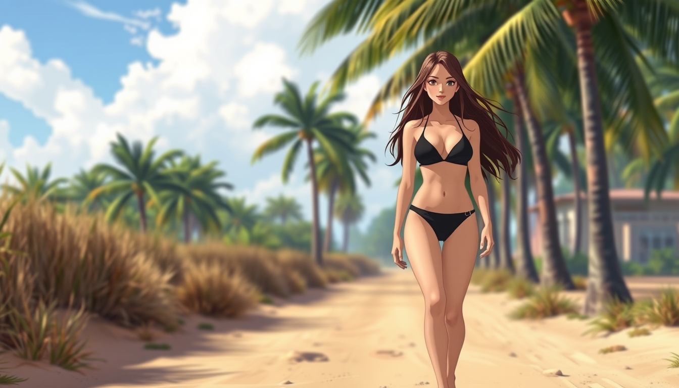 Anime background, a beautiful Caucasian brunette girl with long hair wearing a black bikini walking on a sandy country road, palm trees, barefoot, smiling, model body type.