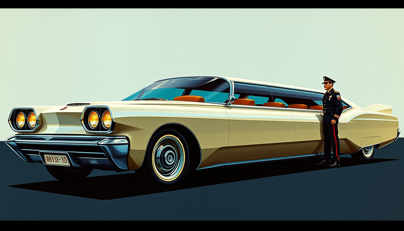 A futuristic exotic limo concept, a painting by Syd Mead, 4k, a uniformed driver stands at attention, detailed, circa 1972.