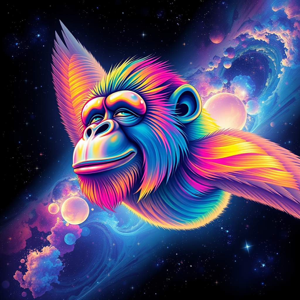 A captivating digital painting of a happy ape soaring through a dreamy, cosmic landscape. The ape sports a vibrant rainbow color palette, with flashes of color interspersed throughout the scene. The background features a starry cosmos with swirling galaxies and nebulas. The ape's eyes are closed, exuding a serene expression, while its serene smile is a testament to its peaceful state. The glitchy edges, fading to black, add a unique and striking touch to the design. The subtle acid rainbow cubic glitch effect adds depth and visual intrigue to this mesmerizing, dreamy tee shirt design.