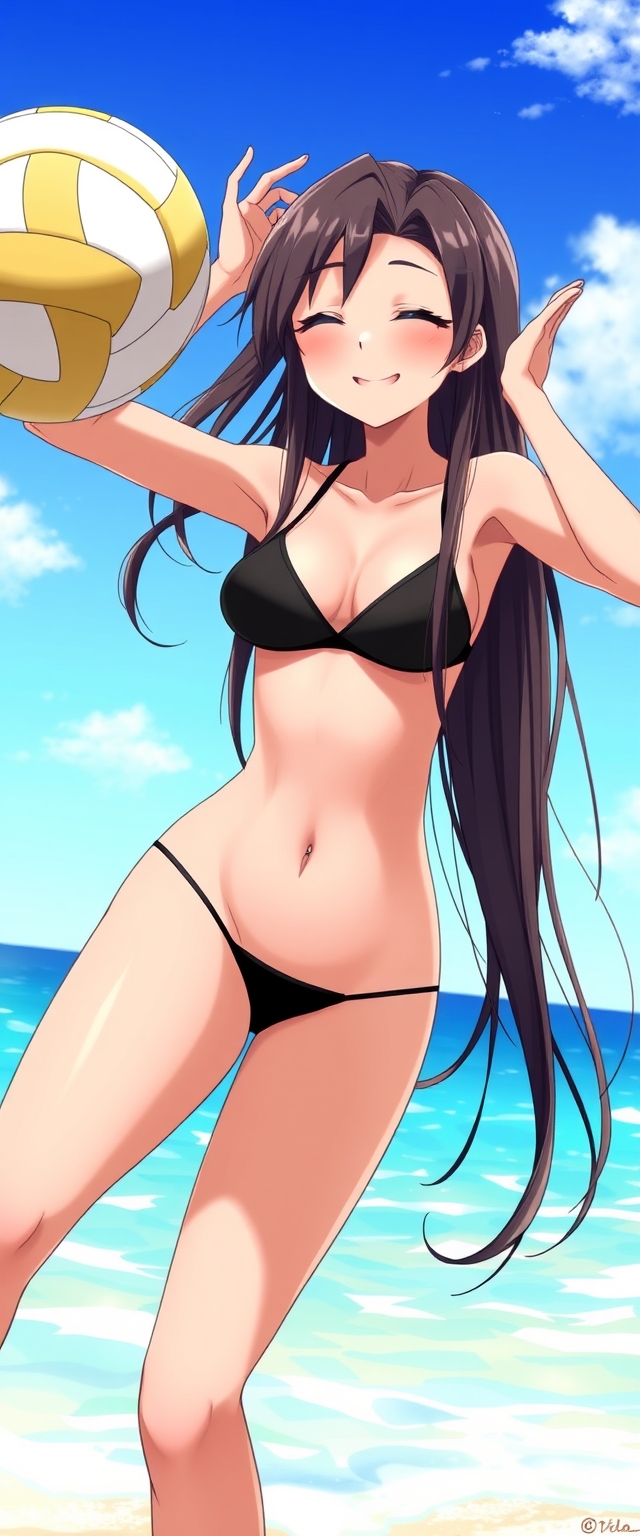 Anime style, a beautiful long-haired brunette Caucasian girl wearing a black bikini playing volleyball, belly button pierced, smiling, winking, full body.