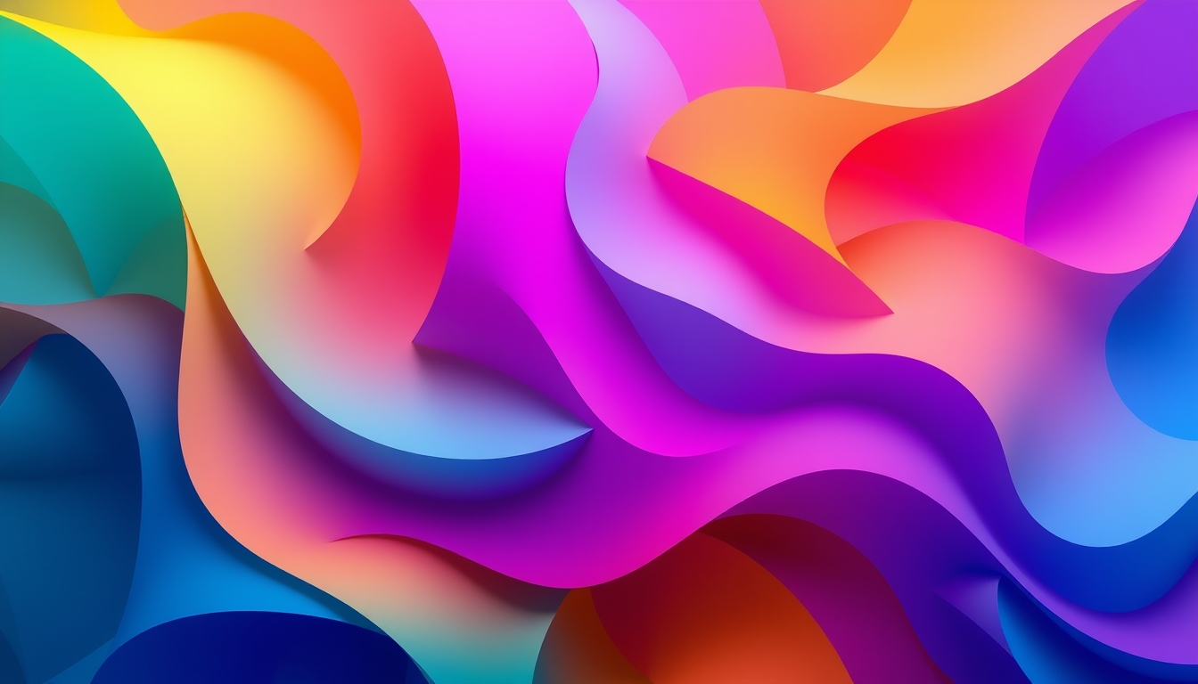 A high-resolution digital artwork with bold geometric shapes in vibrant colors, blending seamlessly with fluid gradients, creating a dynamic visual effect. - Image