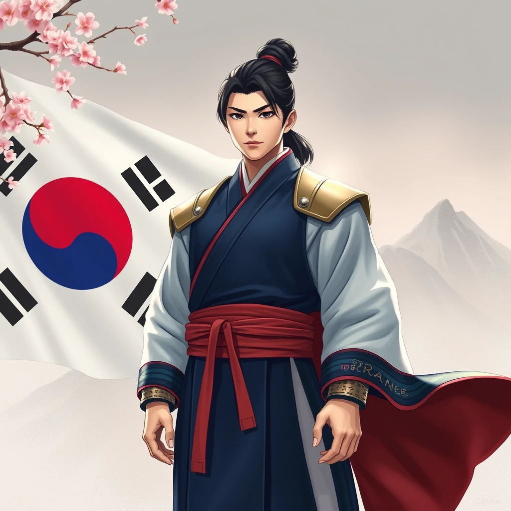 Create a heroic figure representing South Korea. This character should have a noble and dignified appearance, with traditional Korean features. The figure is dressed in a modernized version of the Hanbok, standing proudly with a serene expression. The background includes the Korean flag subtly incorporated, with elements of mountains and cherry blossoms.