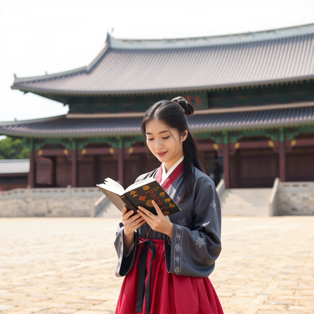 A Korean woman in traditional hanbok reading a book serenely in front of the beautiful Gyeongbokgung Palace.