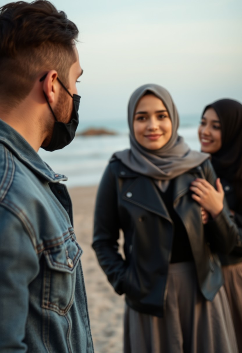 Jamie Dornan's head and body shot, handsome, face mask black, jeans jacket, jeans, dating, love couple, joking, with the biggest grey hijab Muslim girl, face mask black, beautiful eyes, black leather jacket, biggest skirt, at the beach, hyper-realistic, street photography. - Image