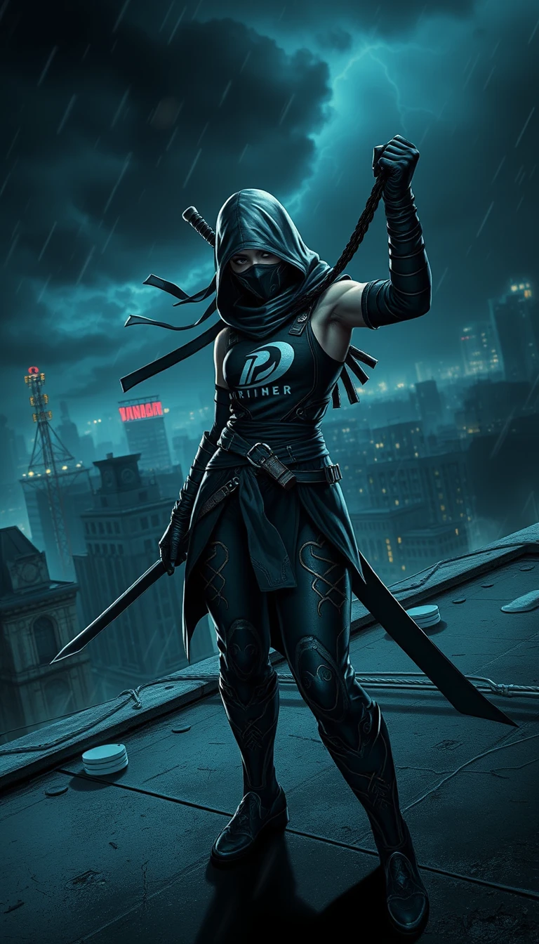 Digital artwork, concept art, a female ninja with the Prompt Hero logo on her chest, standing on a rooftop with a dark dystopian city in the background, dynamic pose, fierce, comics style, extremely intricate, extremely detailed, ominous lighting, dramatic lighting, dark stormy night, shot with Hasselblad, long exposure. - Image