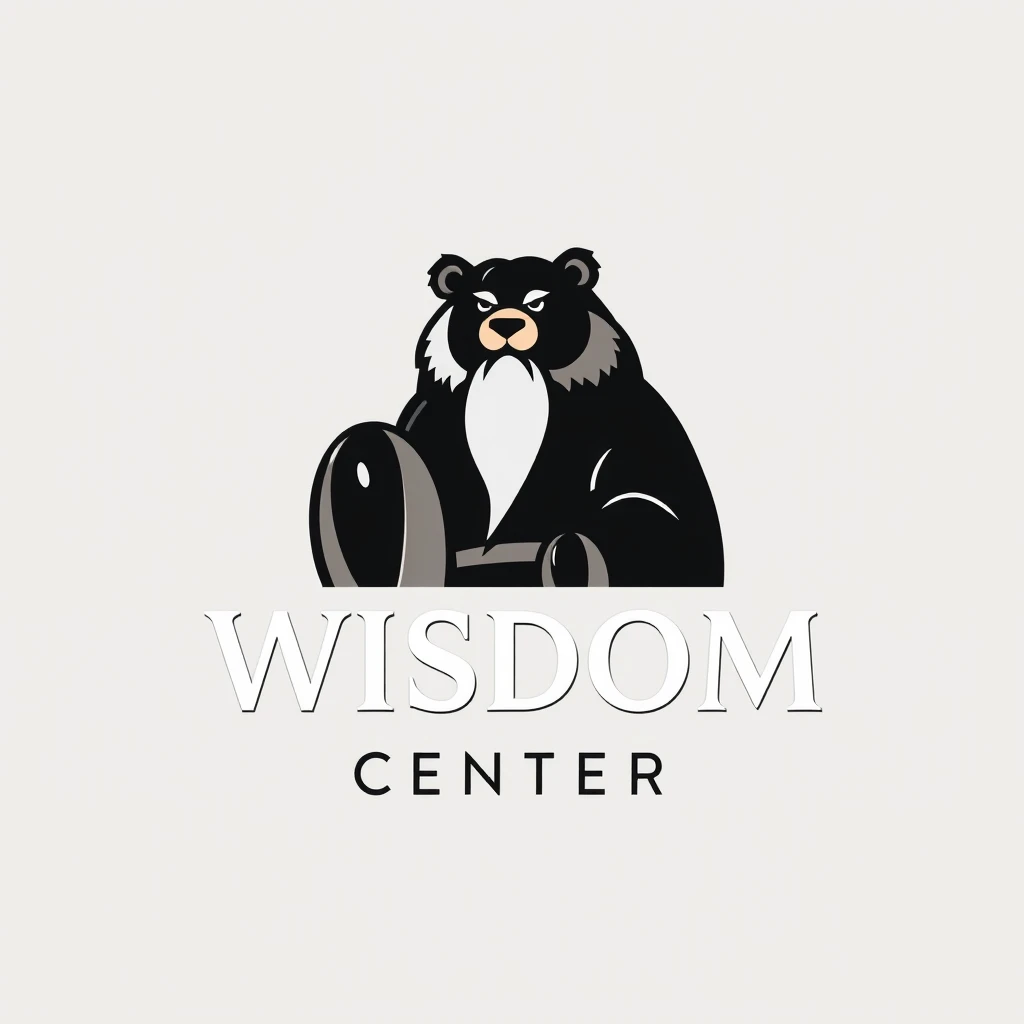 art logo, letter "WISDOM CENTER", simple and clear, wise bear character