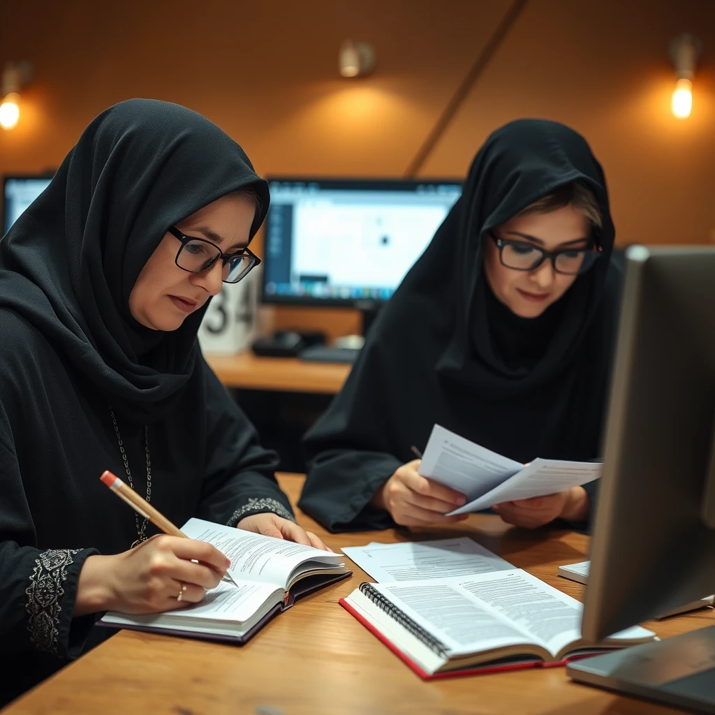 An image of Jewish religious women taking notes and studying in front of a computer.