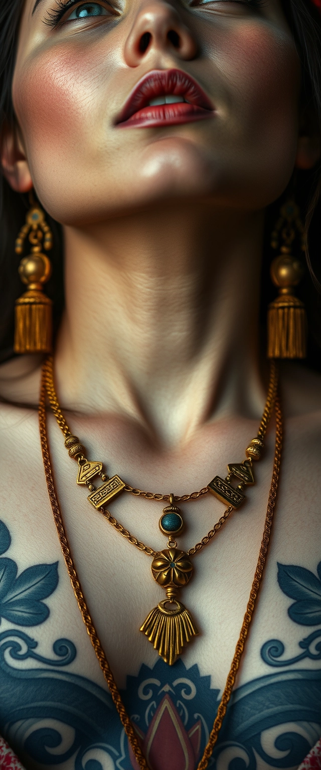 Close-up view of the tattooed chest of a Korean Indian woman with white skin and beautiful facial features, blue eyes, wearing gold ornaments, looking upwards.