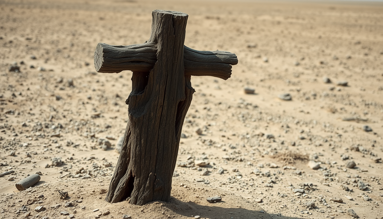 An old wooden cross planted in the middle of a barren desert. The cross is standing upright on the right side of the image. The cross is made of crumbling dark wood and appears to be old and weathered, with visible damage from wet and dry rot. The overall scene is desolate. - Image