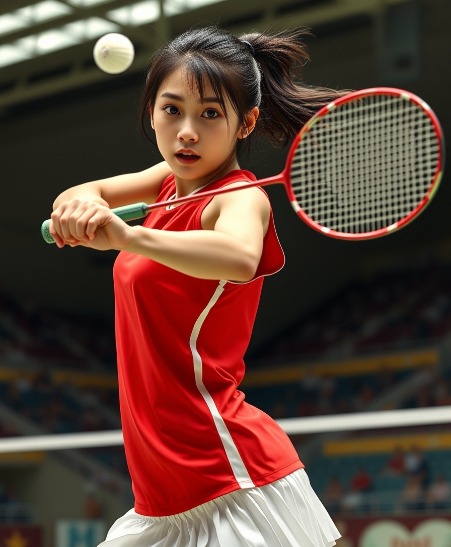 A detailed, realistic portrait of a young woman playing badminton in an indoor sports arena. The woman is wearing a bright red jersey and is mid-swing, her body in a dynamic, athletic pose as she focuses intently on the shuttlecock. The background is blurred, with glimpses of the court, net, and spectator stands visible. The lighting is natural and directional, creating shadows and highlights that accentuate the woman's features and muscular definition. The overall composition conveys a sense of energy, movement, and the intensity of the game. The image is highly detailed, with a photorealistic quality that captures the textures of the woman's clothing, skin, and the badminton equipment. 

A woman with a beautiful face like a Japanese idol, she is wearing a white pleated skirt. 

Badminton rackets and shuttlecocks with dynamic swings and motion blur. Depiction of the human body with a flawless personality. - Image