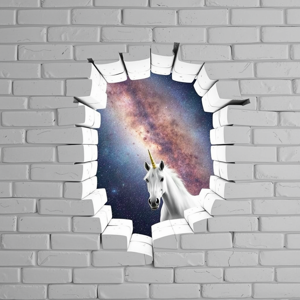 A white brick wall with a fracture in the center, from which you can see the boundless space, and a surprised unicorn looks inside from the hole. - Image