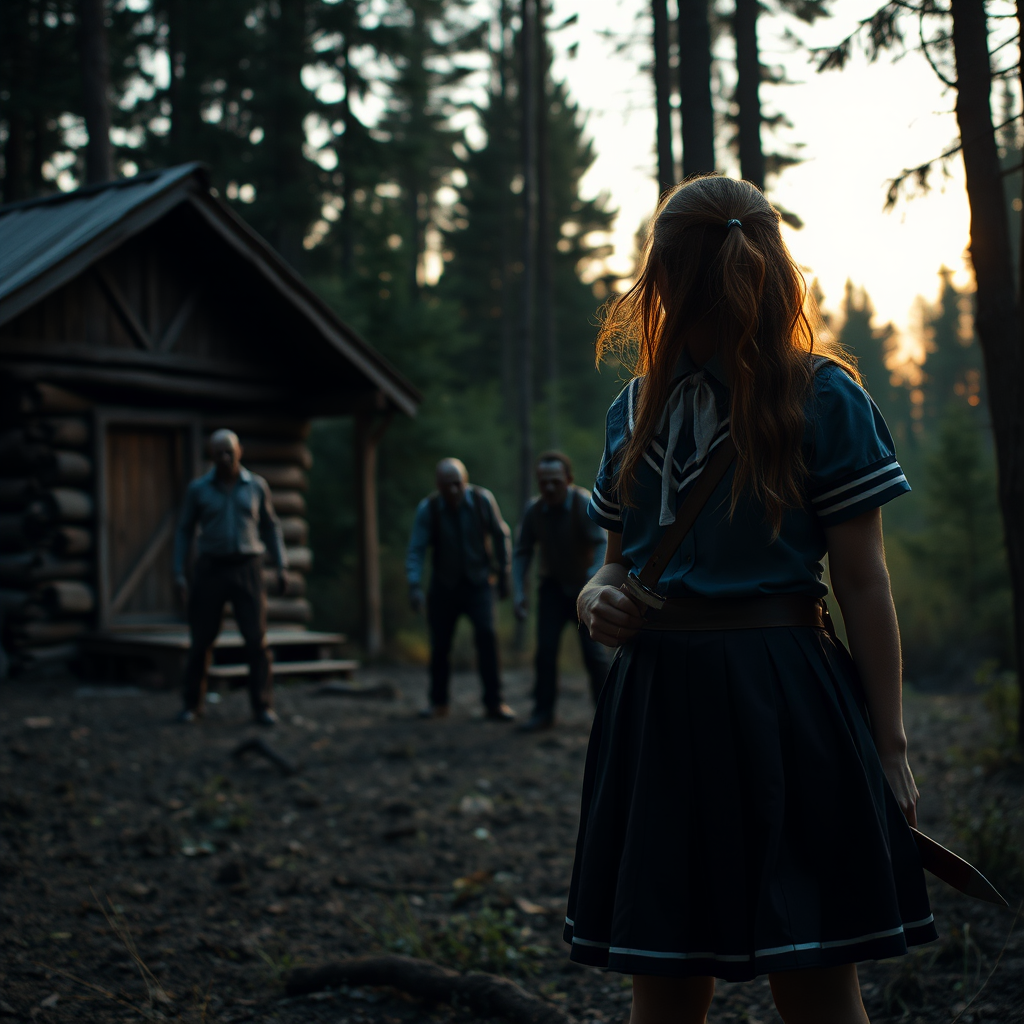 Real-life photography, long shot: In the evening, in the forest, there is a wooden cabin, and not far away, a female barbarian wearing a school uniform skirt is holding a dagger, looking at two zombies in the distance. The zombies are dressed.