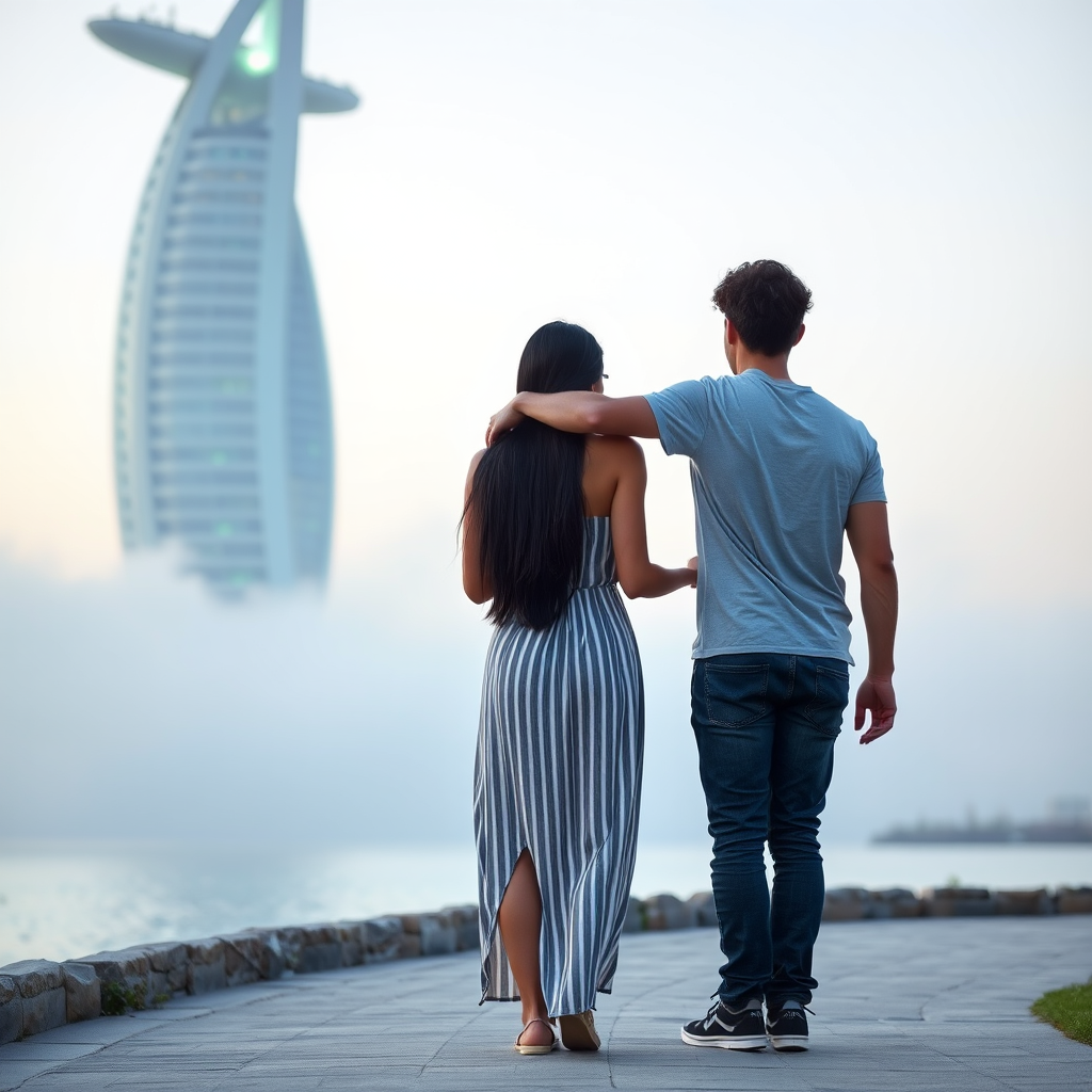 This photograph captures a serene moment between a couple, likely in a romantic setting, at dusk. The image features a young woman and man standing closely together, facing the sea. The woman, on the left, has long, straight dark hair cascading down her back. She is wearing a sleeveless, striped dress that appears to be made of a light, breathable fabric. The man, on the right, has short, curly dark hair and is wearing a light grey t-shirt and dark jeans. His arm is draped around the woman's shoulders, indicating a tender and intimate connection.

In the background, the scene is dominated by a large, modern skyscraper with a distinctive, curved design, partially obscured by a soft, misty haze. The building is illuminated in a cool, teal-green hue, which contrasts with the natural tones of the sky and sea. The sea stretches out to the horizon, its calm surface reflecting the soft, pastel colors of the sky. The foreground is a paved pathway, leading from the couple to the water's edge, where a low stone wall separates the path from the sea. The overall mood of the photograph is peaceful and romantic, with a subtle, dreamy atmosphere enhanced by the soft, muted colors and the misty backdrop. - Image