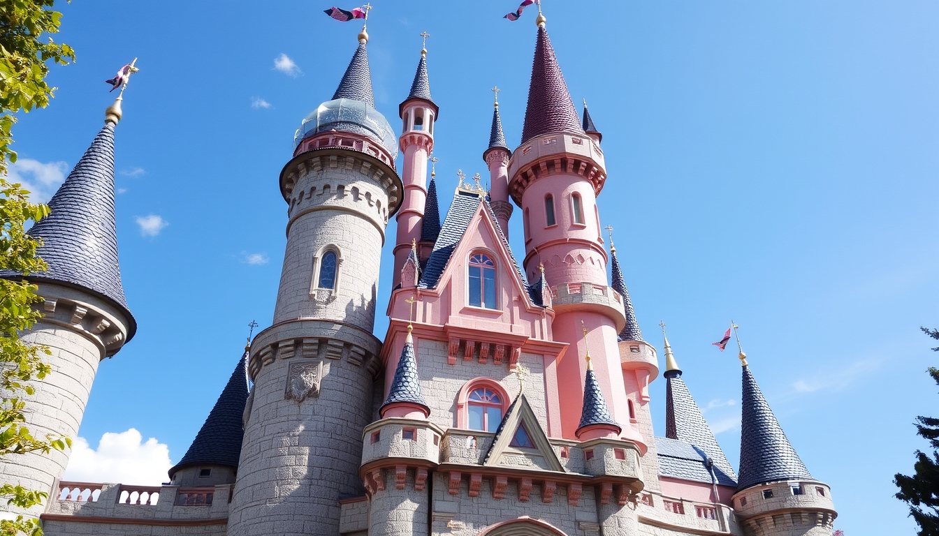 A whimsical fairy tale castle with glass turrets sparkling in the sunlight.