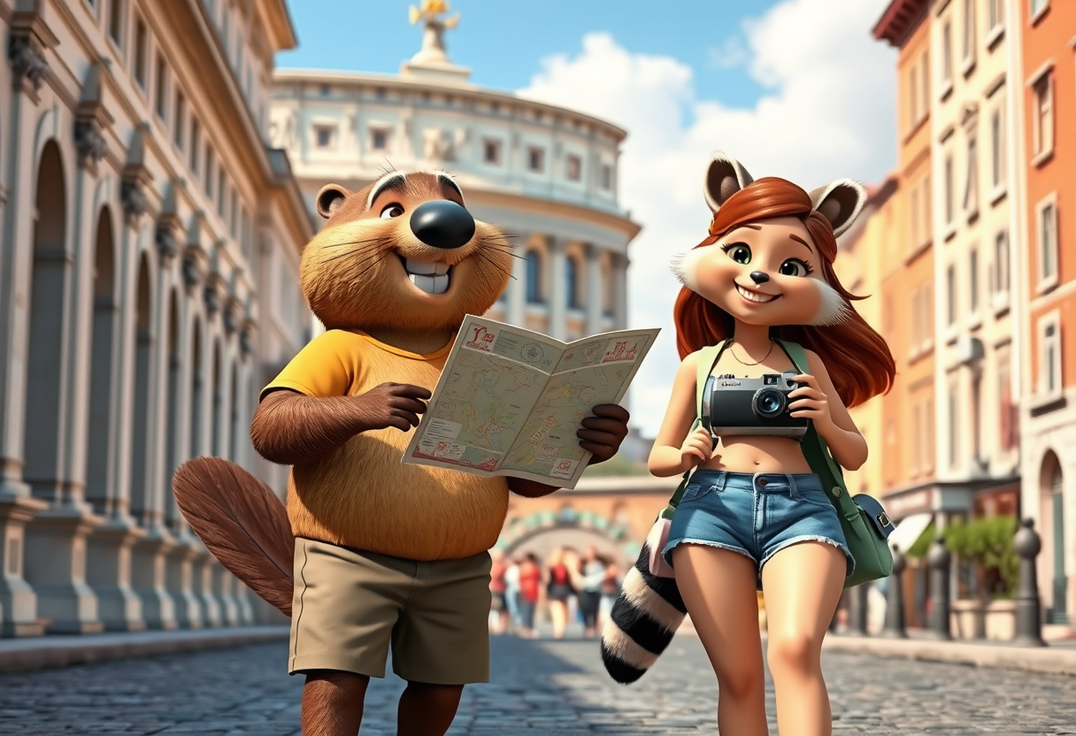 Create a charming scene of a beaver guy dressed in shorts and a t-shirt and a raccoon girl dressed in a crop top and shorts, both smiling, casually strolling through the picturesque streets of Rome. The beaver should hold a map, eagerly pointing out landmarks, and the raccoon should carry a small camera, filming their adventures. The duo should look cheerful and curious, enjoying their whimsical journey together. Surround them with iconic Roman elements. The Vatican, the Colosseum. The vibrant colors of the historic buildings should complement the vibrant atmosphere. This photo should evoke a sense of wonder, camaraderie, and playful exploration in one of the most beautiful cities in the world. 3D Cartoon Pixar Style, Photorealism.