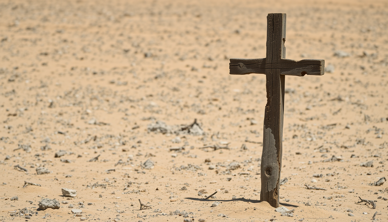 An old wooden cross in the middle of a barren desert. The cross is standing upright on the right side of the image. The cross is falling apart and is made of badly fungal damaged dark wood and appears to be weathered and aged. The overall scene is desolate. - Image