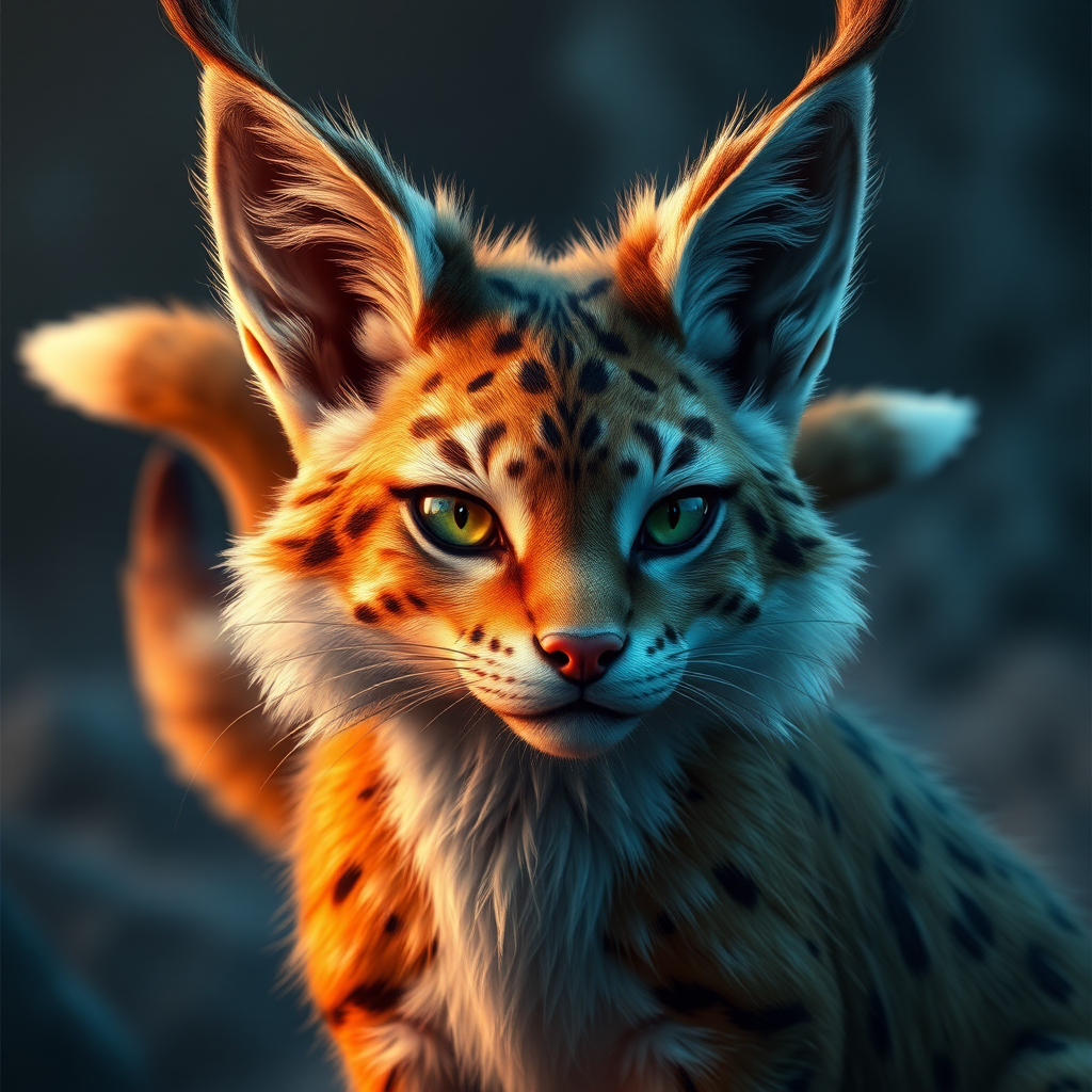 "Ultra-realistic scene: there's a mythical beast that looks like a wildcat, with only ‘one eye’, four ears, and three fox tails. In ultra-detailed 16K resolution." - Image