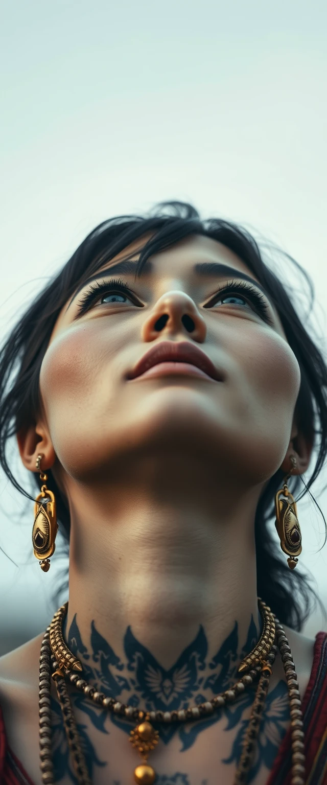 Close-up view of the tattooed neck of a Korean Indian woman with white skin, beautiful facial features, and blue eyes, wearing gold ornaments and looking up. - Image