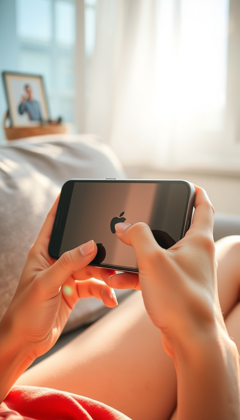 She is playing mobile games on the sofa with her iPhone 15 in both hands. Her fingers are slender and her skin is fair and translucent. The sun shines on her hands and the back of the iPhone 15 from the window. A close-up of the iPhone 15 is held in both hands. No face needs to be shown. - Image