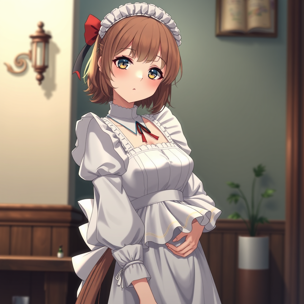 Anime art of a motherly woman, beautiful, maid, frilly dress, detailed scene, stunning details, trending on artstation, ray-traced environment, anime artwork.