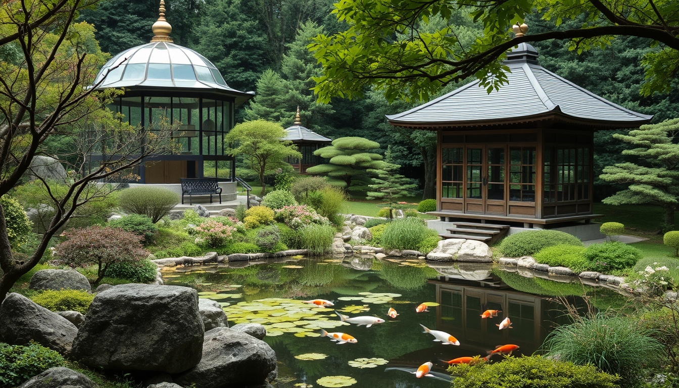 A serene Japanese garden with a glass teahouse overlooking a koi pond.