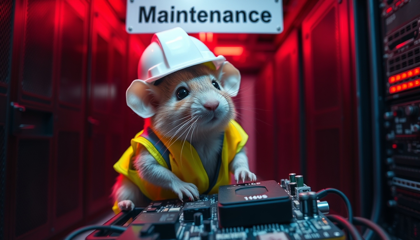 A small mouse with a hard hat and high visibility vest is repairing a circuit board; the mouse has a serious look in his eyes. The background shows a server room with red emergency lighting only, red ambient lighting, emergency lighting. (Text sign at the top of the image saying "Maintenance":1.5)