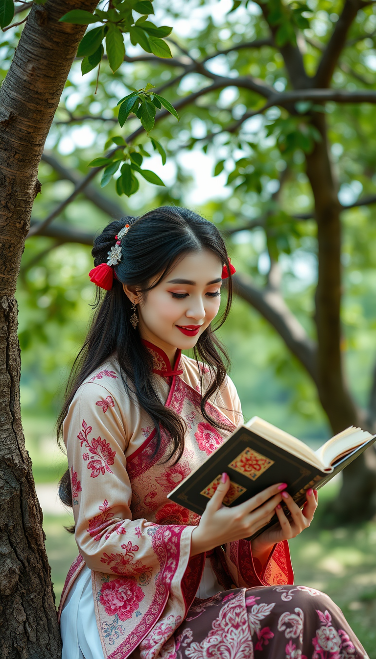 A Chinese beauty is reading a book under a tree.