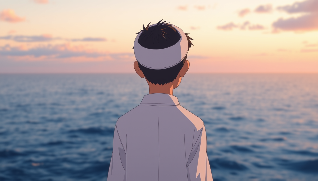 A Muslim boy in white clothing standing behind an ocean horizon, anime style, Ghibli aesthetic, lifelike appearance. - Image