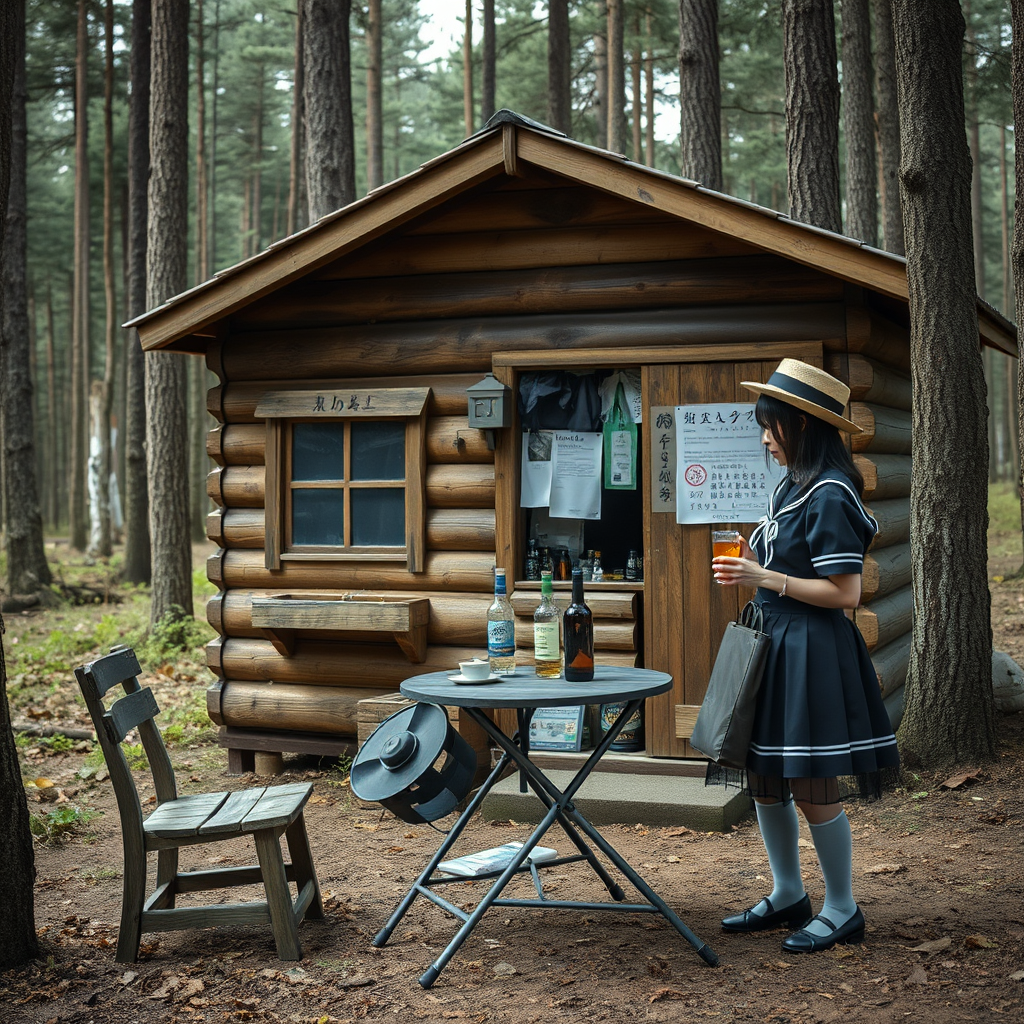 Real-life photography, wide shot: In the forest, there is a wooden cabin selling alcohol, and a dressed zombie comes to buy some. Next to the cabin, there is one table and two chairs, with a zombie wearing a hat sitting and drinking. A Japanese female student wearing a school uniform skirt is selling the alcohol.