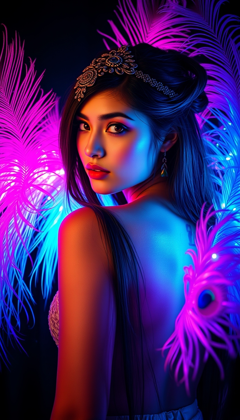 A portrait of a young woman in a dramatic, backlit setting, surrounded by vibrant, colorful peacock feathers. The woman has long, dark hair styled with an ornate headpiece, and a tattoo visible on her exposed back. The feathers are illuminated in shades of pink, blue, and purple, creating a mesmerizing, otherworldly atmosphere. The background is dark, allowing the feathers and the woman's features to be the focal point. Highly detailed, with a sense of movement and energy. Rendered in a photorealistic style. - Image