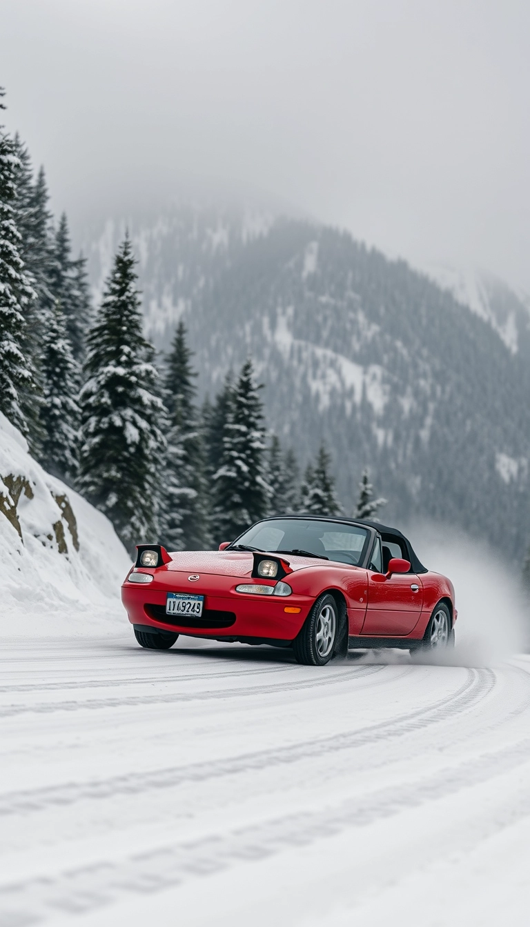 Create an image of a red 1991 Mazda MX-5 drifting on a snowy mountain road. Without number plate. - Image