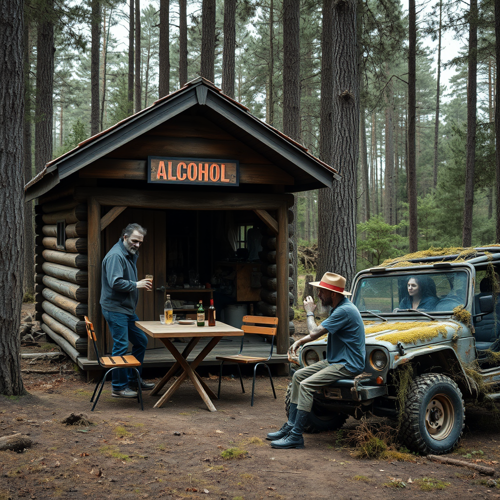 Real-life photography, wide shot: In the forest, there is a wooden cabin selling alcohol, and a dressed zombie comes to buy some. Next to the cabin, there are one table and two chairs, with a zombie wearing a hat sitting and drinking. A female barbarian is selling the alcohol. There is also an abandoned off-road vehicle nearby, covered in moss and weeds.