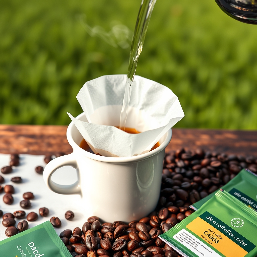 Realistic front-view image of a pour-over coffee in a white cup with a drip filter bag, hot water being poured with steam, coffee beans around, green coffee packets on a table, set against a wide green field background, no text, sharp and highly detailed.