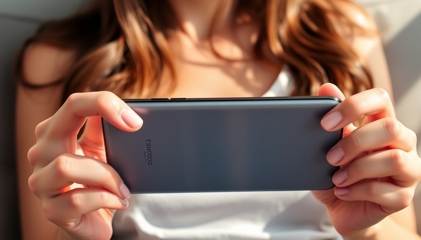 She is playing mobile games on the sofa with her iPhone 15 in both hands. Her fingers are slender and her skin is fair and translucent. The sun shines on her hands and the back of the iPhone 15 from the window. A close-up of the iPhone 15 is held in both hands. No face needs to be shown.