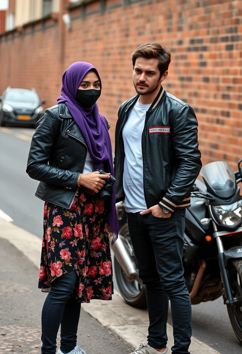 Jamie Dornan and Freddie Prinze head and body shot, handsome, young, serious face, dark brown hair, white t-shirt, college jacket, skinny jeans, sneakers, standing, discussing each other with a short purple hijab Muslim girl, beautiful eyes, face mask black, black leather jacket, biggest floral skirt, holding a Canon DSLR camera, near town road, superbike, hyper-realistic, street photography, brick wall, full body photo. - Image