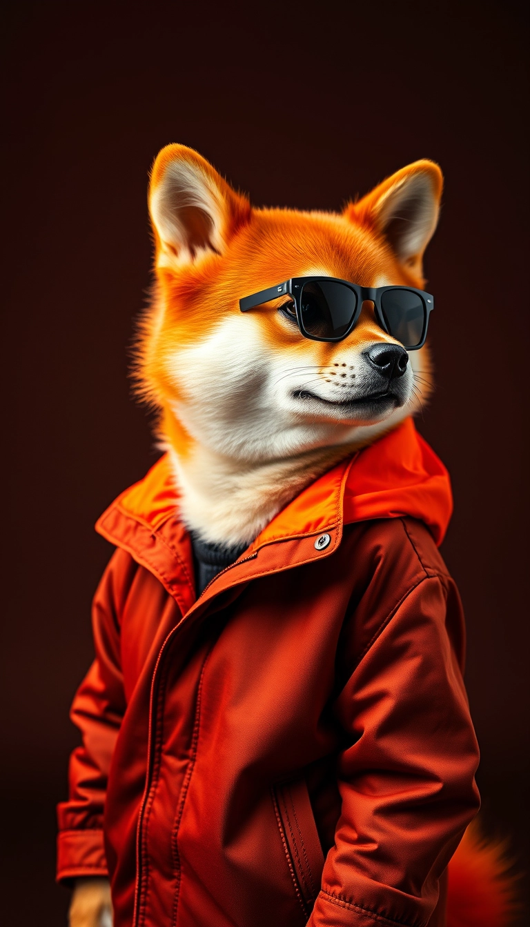 The best mobile wallpaper, award-winning wallpaper, portrait photography, featuring a portrait of a cute Shiba Inu dressed in mid-1960s space age fashion, side shot, taken with Canon EOS R5, creating a stark contrast that highlights the subject, glowing orange tones, wearing a very fashionable casual jacket and sunglasses, representing the style of the 1960s, full-color outfit, beautiful background. - Image