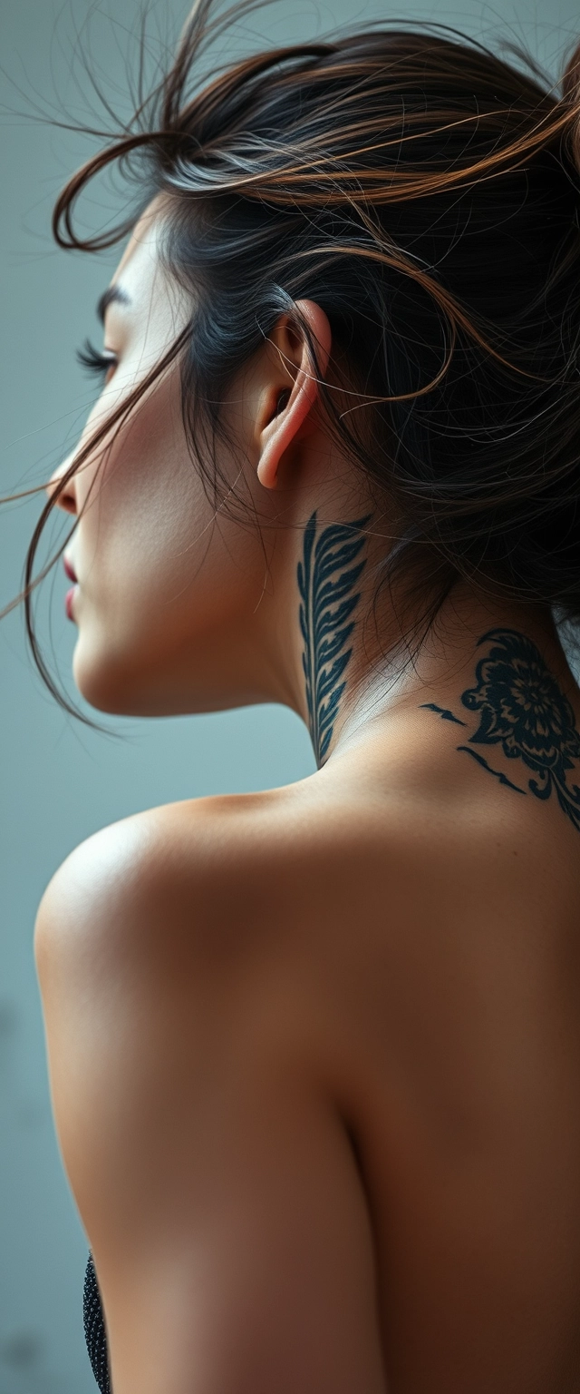 Close-up view of the tattooed back neck of a muscular Indian-Korean woman with white skin, her hair flying and sweating.