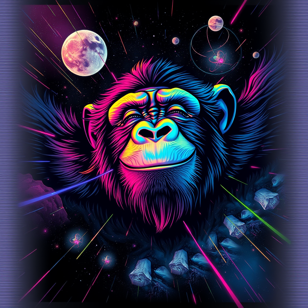 A tee shirt design of a peaceful smiling ape flying through a dreamy space world, with vibrant rainbow color flashes interspersed, while his eyes are closed with a serene expression. Tee shirt design. Striking and visually stunning. Glitchy edges fading to black around the entire image. Digital painting with subtle beautiful acid rainbow cubic glitch effect throughout. The entire image should have a glitchy border that fades to black on the outside. - Image