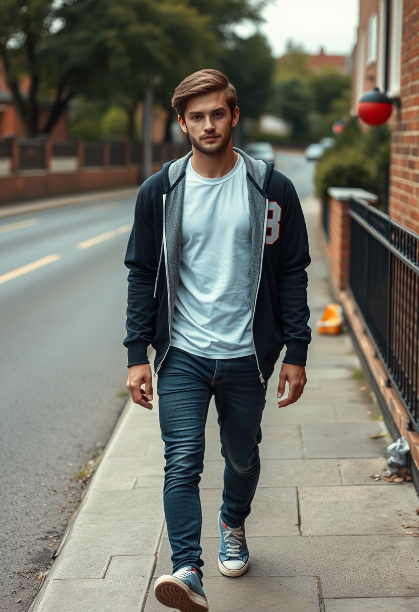 Jamie Dornan head and body shot, handsome, young, serious face, dark brown hair, white t-shirt, college jacket, skinny jeans, sneakers, walking with style, flirty smile, near town road, hyper-realistic, street photography, brick wall, full body photo.