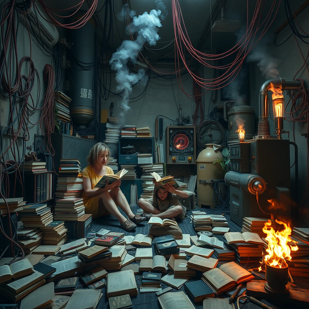 A real-life photograph, wide shot, of a tall strong woman and a girl reading books in the corner of a room. The room has some books scattered messily, and many wires of varying thicknesses are on the floor and in the air, including red, blue, yellow, and other colors. Additionally, there are some machines emitting steam and fire. The lighting is dim, and there are some plants. There are Chinese characters or Japanese characters. - Image