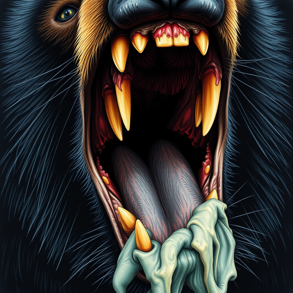 "Furry art style depicting the details of the mouth of a black bear when it is hunting, including details of the throat, teeth, and saliva."