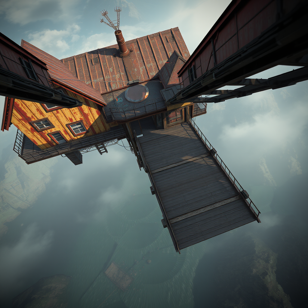 Looking from above at a rusty post-apocalyptic house with a large dock suspended in the air on a flying deck, created by Alejandro Burdisio and Ian McQue using UE5 and Octane Render, bird's-eye view. - Image